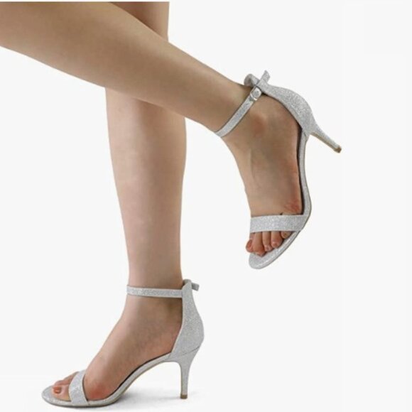 Silver Glitter Stilettos Ankle Strap Open Toe Pump Heeled Sandals, Size 8 - Picture 4 of 8